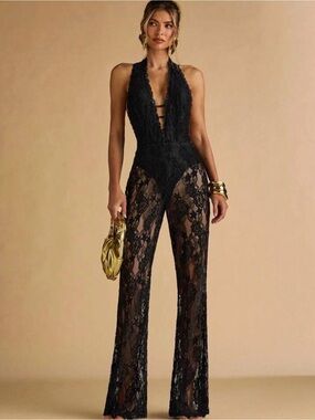 Black Lace Halter Jumpsuit - Elegant Sheer Evening Wear - never worn!